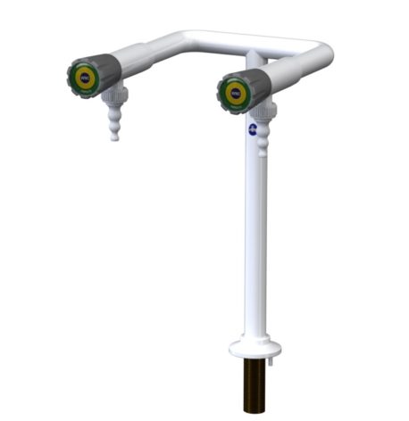 A 2 way laboratory pillar bib tap with removable nozzles