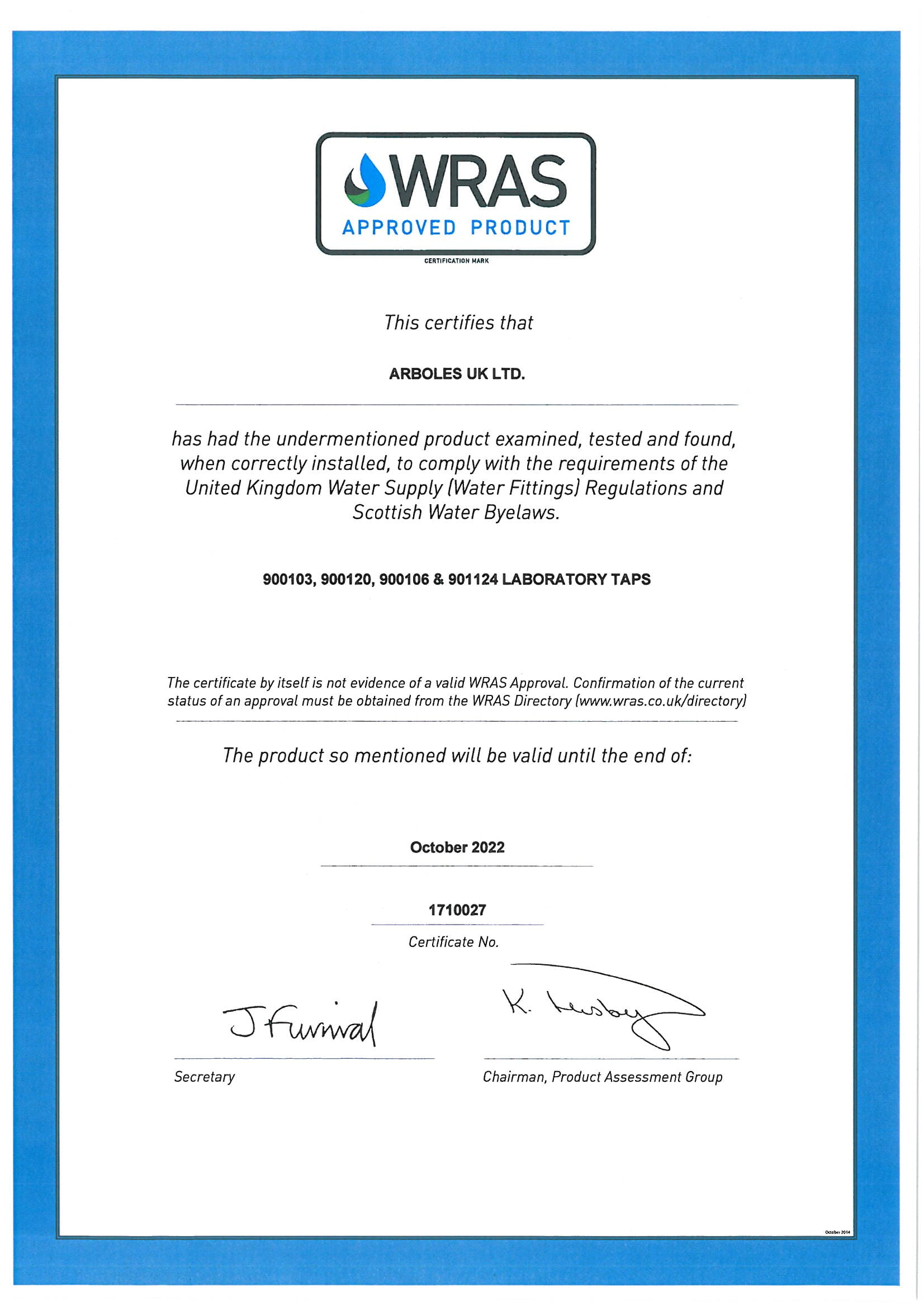 WRAS Components Certificate 