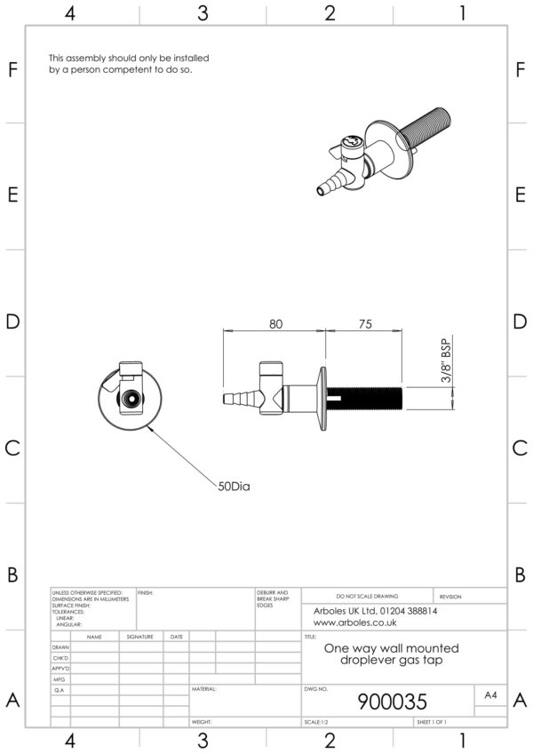 Arboles UK - 900035 - 1 Way Wall Mounted Gas Tap