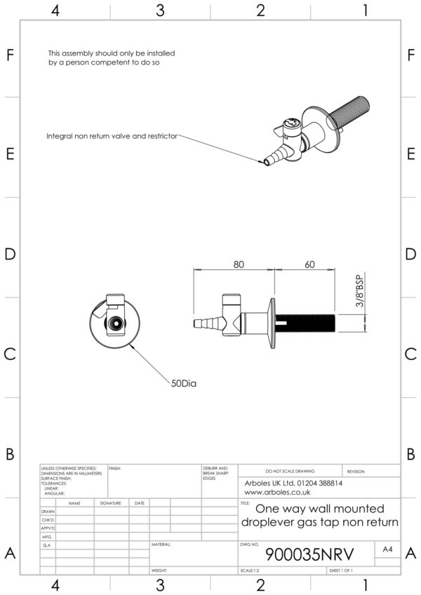 Arboles UK - 900035NRV - 1 Way Wall Mounted Gas Tap NRV