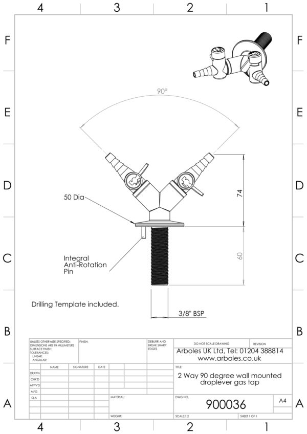 Arboles UK - 900036 - 2 Way Wall Mounted Gas Tap