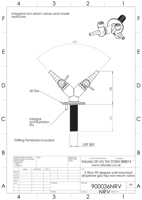 Arboles UK - 900036NRV Two Way Wall Mounted Gas Tap