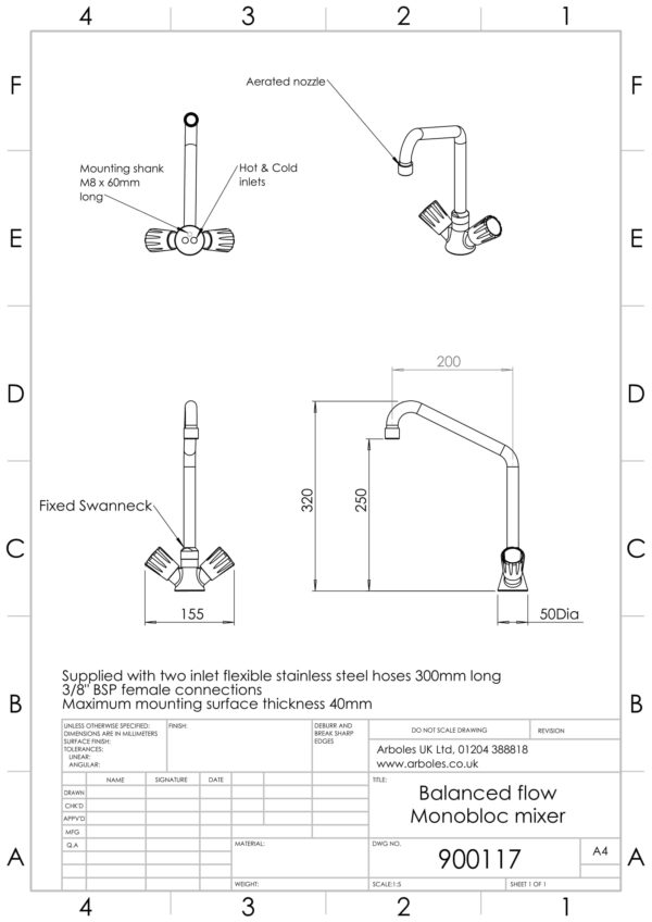 Arboles UK - 900117 - Fixed Swan Neck Laboratory Water Mixer Tap