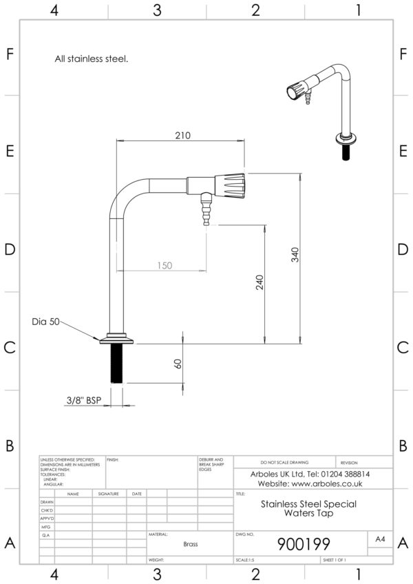 Arboles UK - 900199 - Stainless Steel Bench Mounted Special Waters Tap