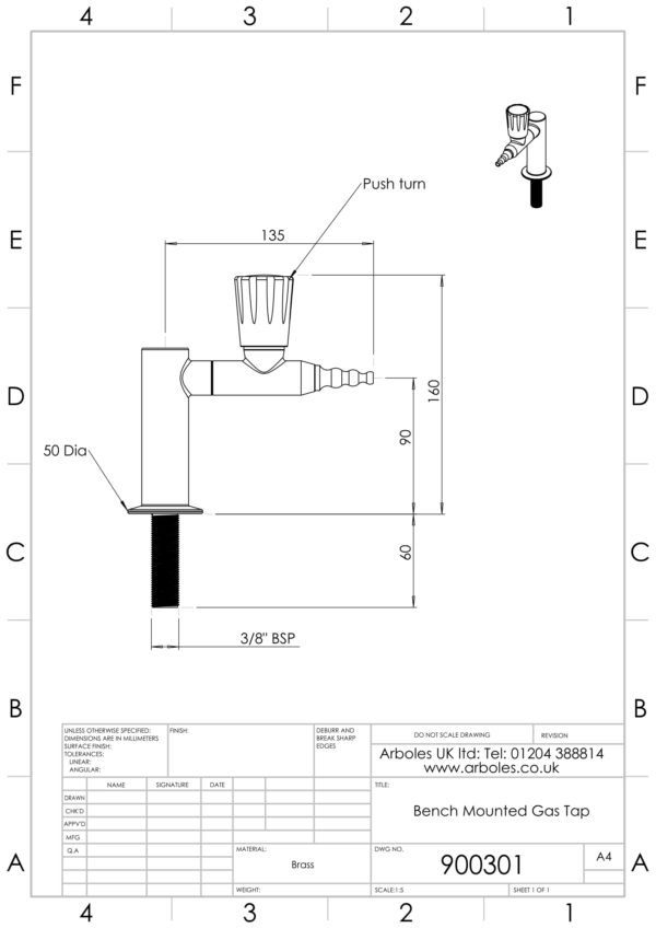 Arboles UK 900301 Bench Mounting Gas Tap 1