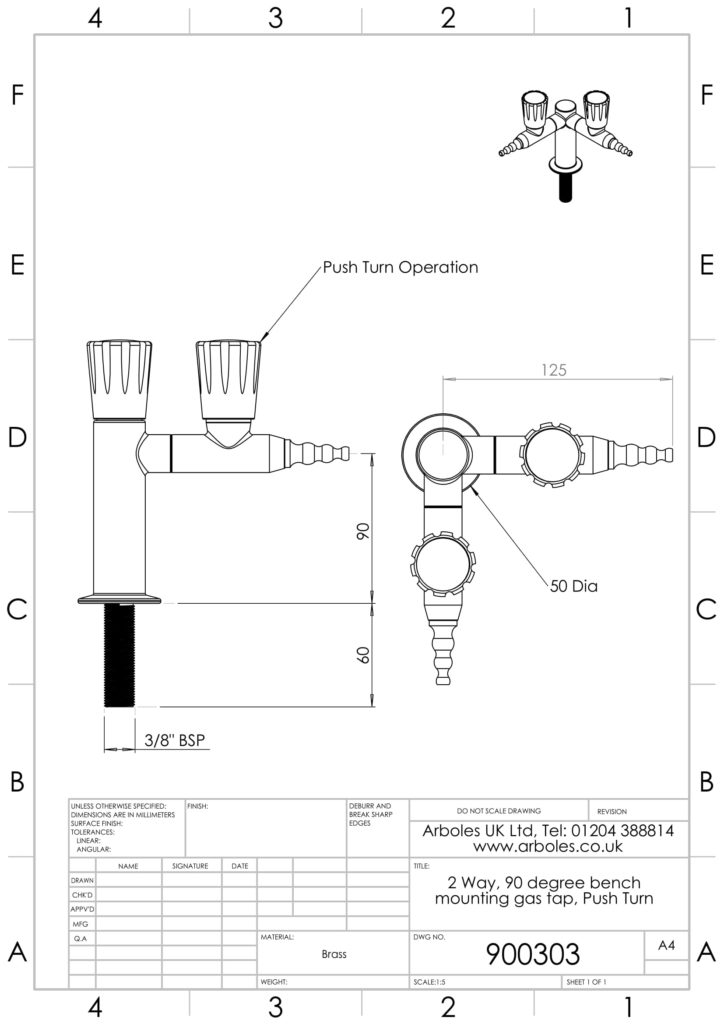 Arboles UK 2 Way Bench Mounted Gas Tap With Push Turn Handles