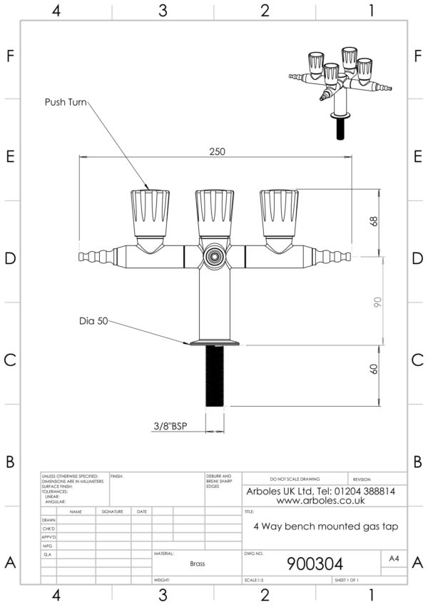 Arboles UK - 900304 - 4 Way Bench Mounting Gas Tap