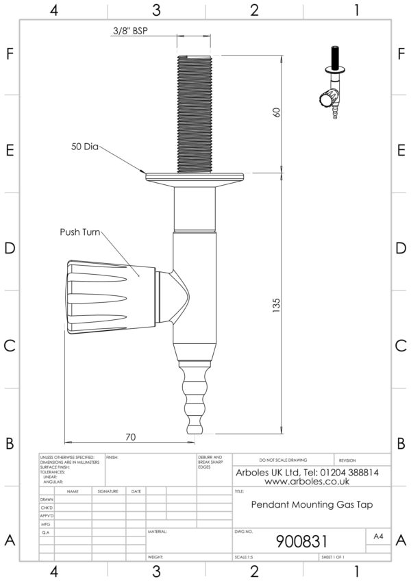 Arboles UK - 900831 - Pendant Mounting Gas Tap