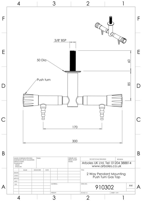 Arboles UK - 910302 - 2 Way Pendant Laboratory gas Tap