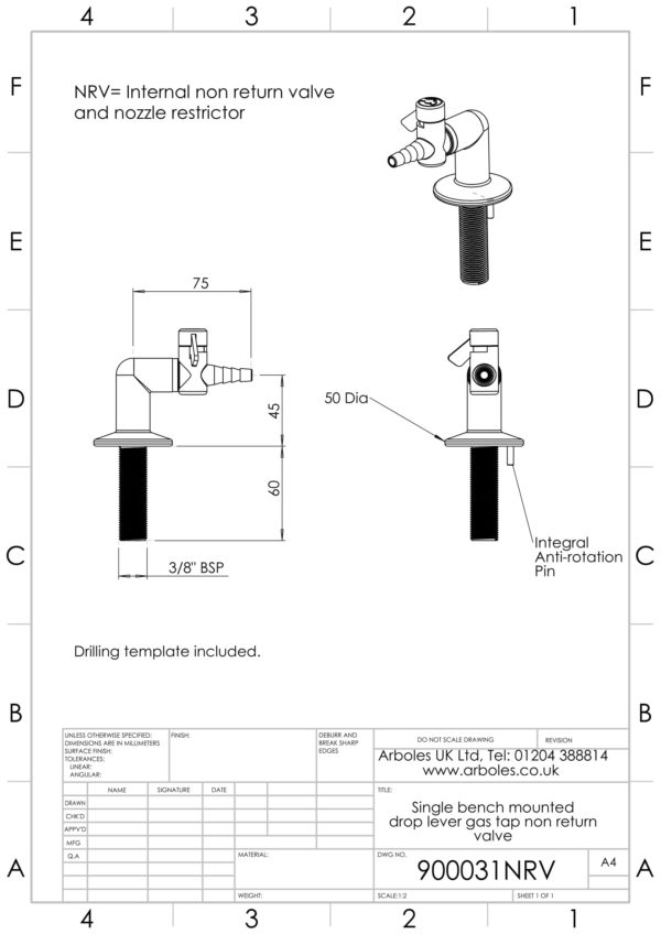 Arboles UK - Bench mountrd drop lever gas tap 900031NRV