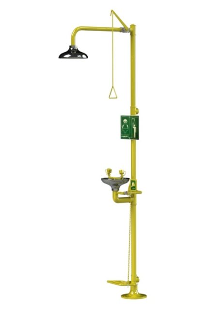 An emergency drench shower from Arboles UK featuring an eyewash. Treadle, push lever and pull rod operated with a stainless steel shower head and stainless steel eyewash bowl