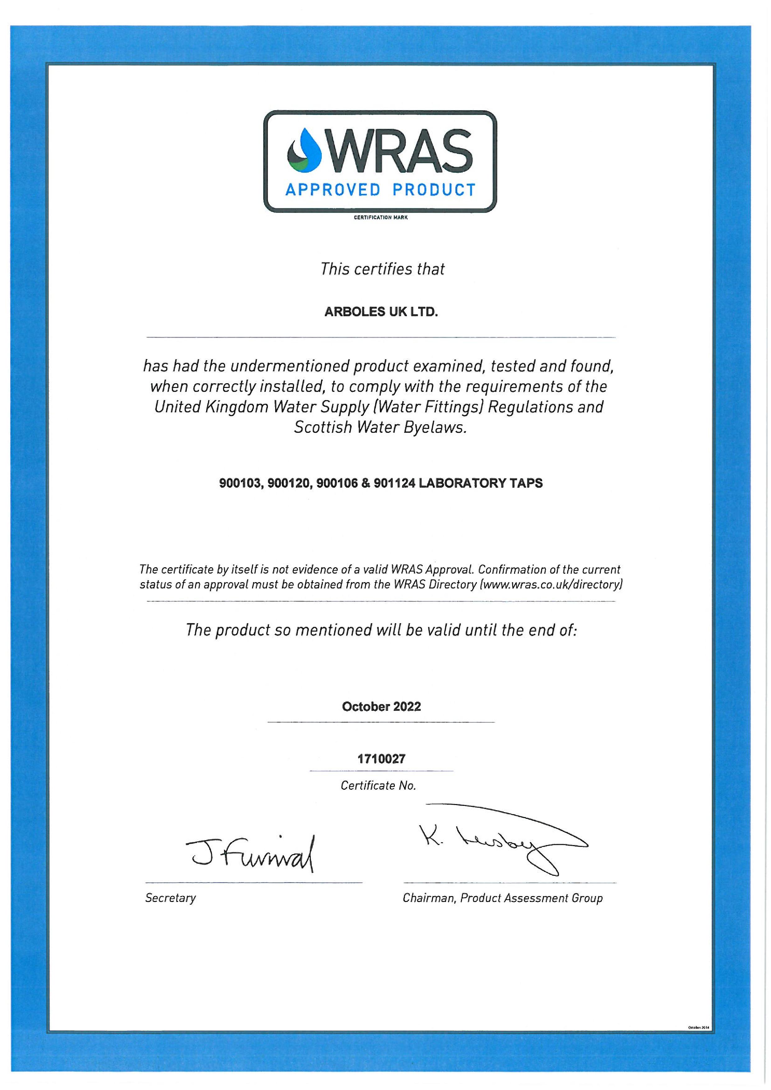 Arboles UK - WRAS Approved Components Certificate