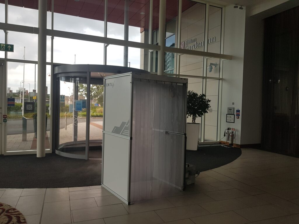 A decontamination booth placed in a Hilton Hotel to help prevent the spread of COVID-19 and keep staff and custoers safe