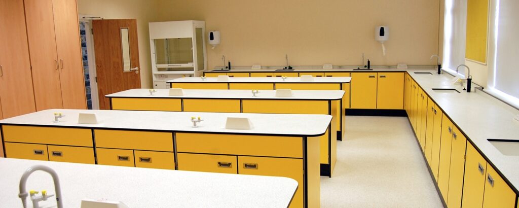 A finished school laboratory featuring science taps from Arboles UK.