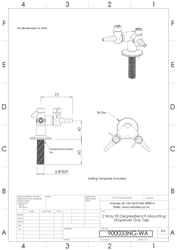 Arboles UK - 900033 - 2 Way Laboratory Gas Tap