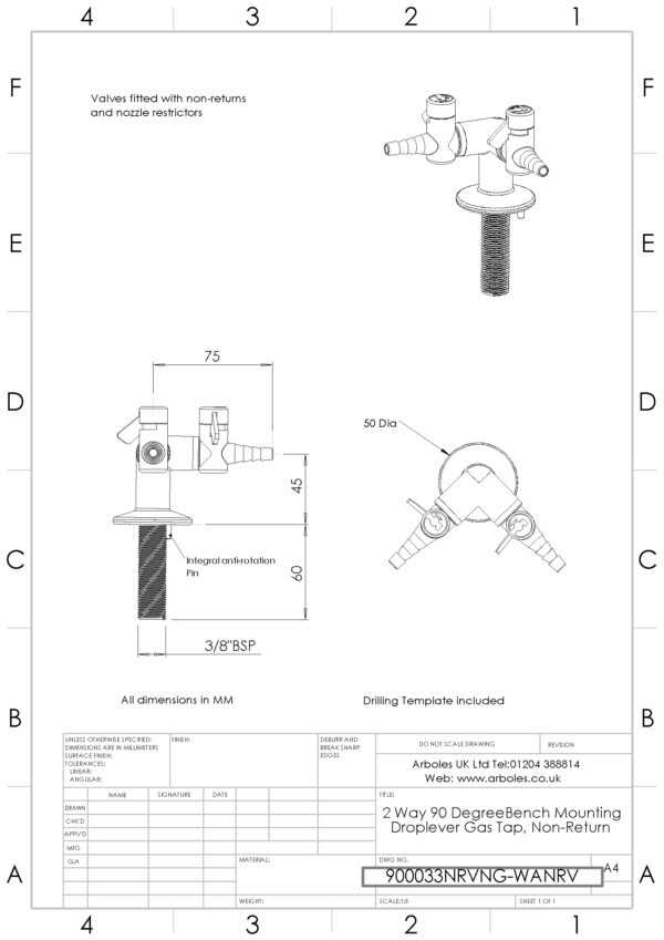 Arboles UK - 900033NRV - 2 Way Laboratory Gas Tap with NRV