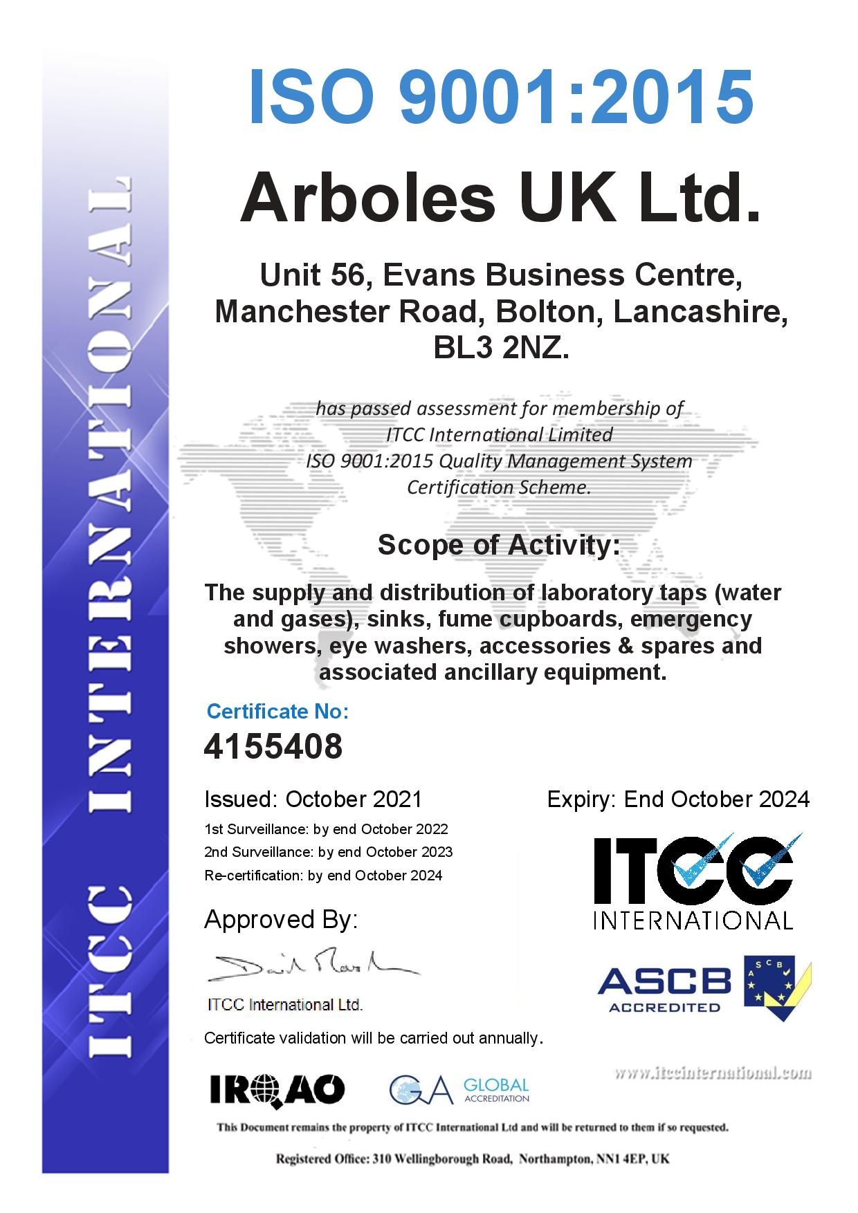Arboles UK - ISO 9001 Certificate - October 2024