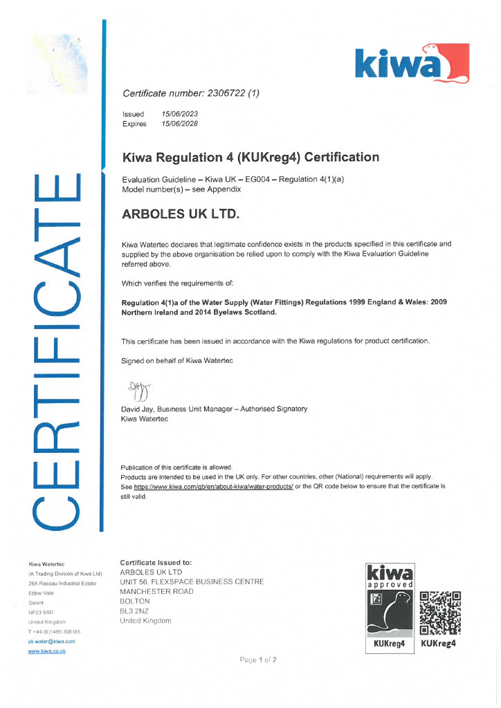 KIWA Regulation 4 Certification for 900078 (H pattern mixer tap)